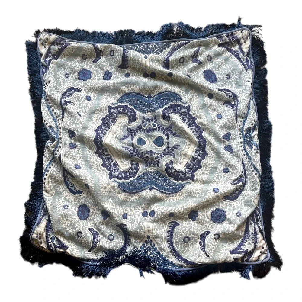 Kim Seybert Blue White‎ Large Euro Sham Pillow Cover Embroidered Fringed